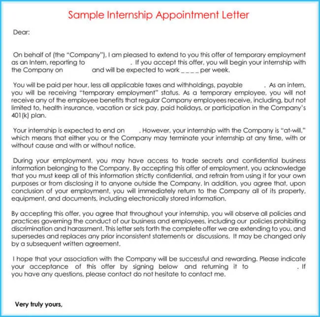 Sample Internship Offer Appointment Letters 7 Templates Formats