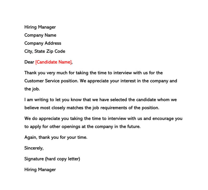 Great Comprehensive Interview Rejection Letter for Customer Service Template for Word File