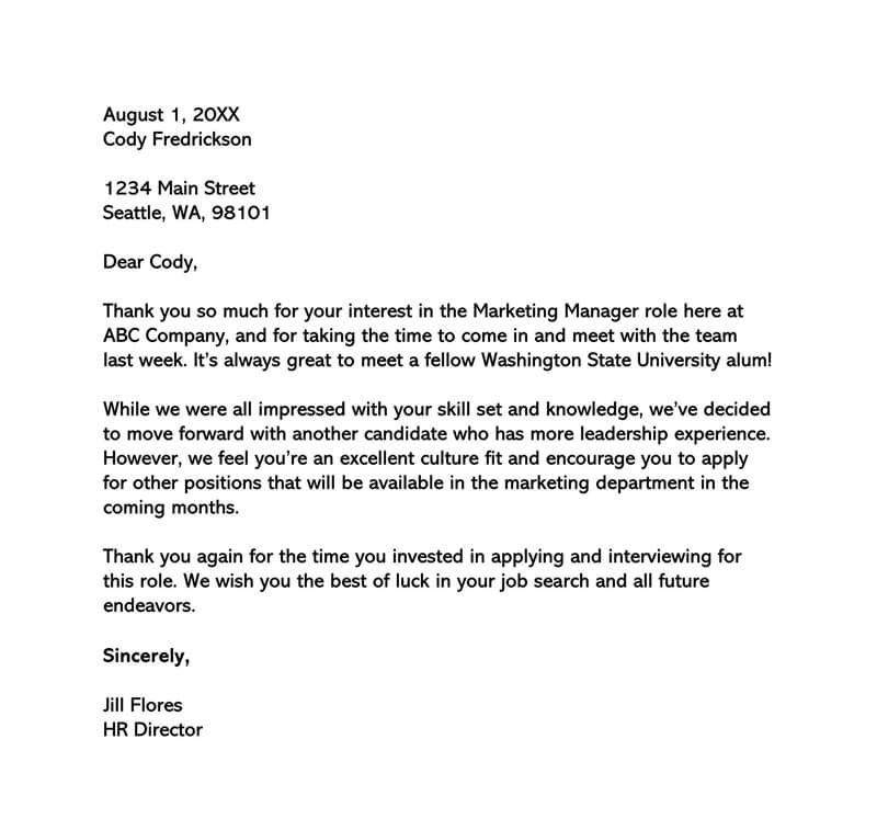 Great Comprehensive Interview Rejection Letter for Marketing Manager Template 01 for Word File