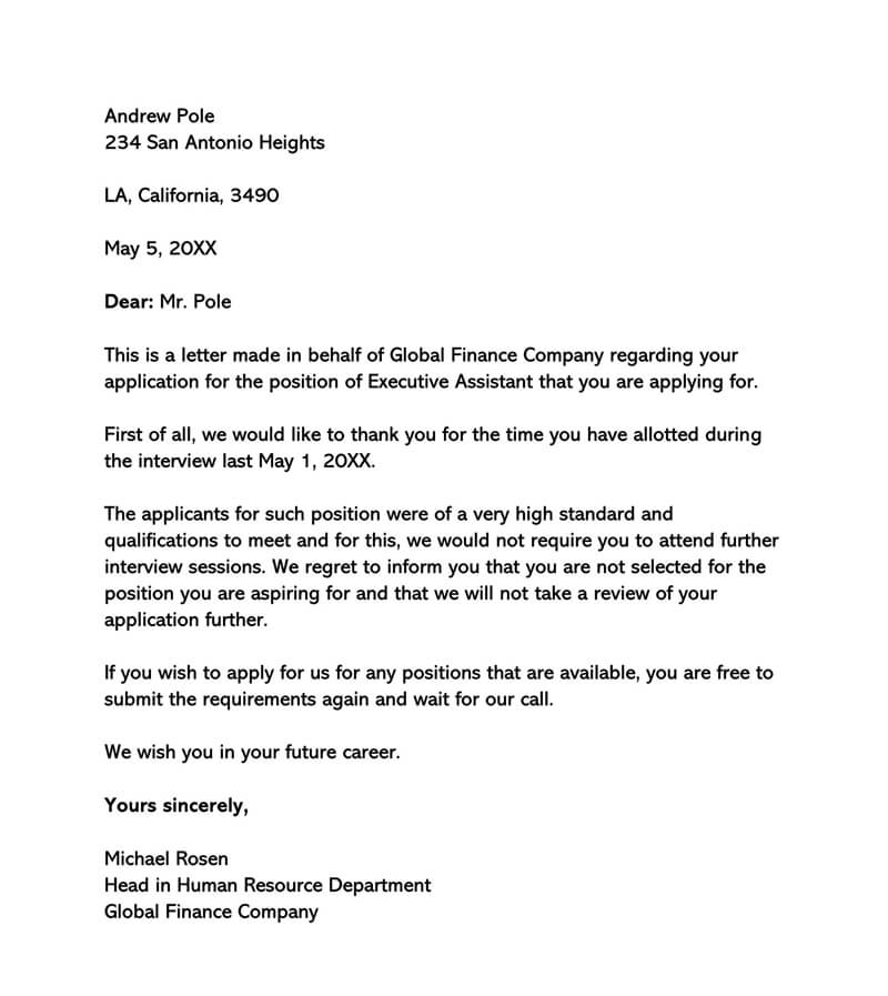 Best Printable Interview Rejection Letter for Executive Assistant Template for Word File