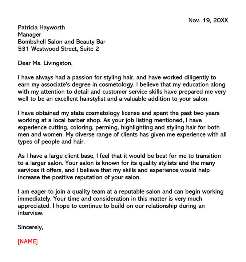 Great Comprehensive Cosmetology Cover Letter 02 for Word File