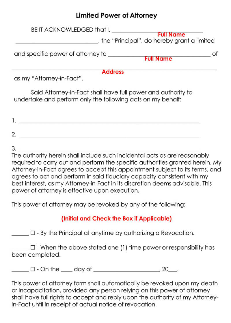 Free Limited Power Of Attorney Forms By State Word Pdf