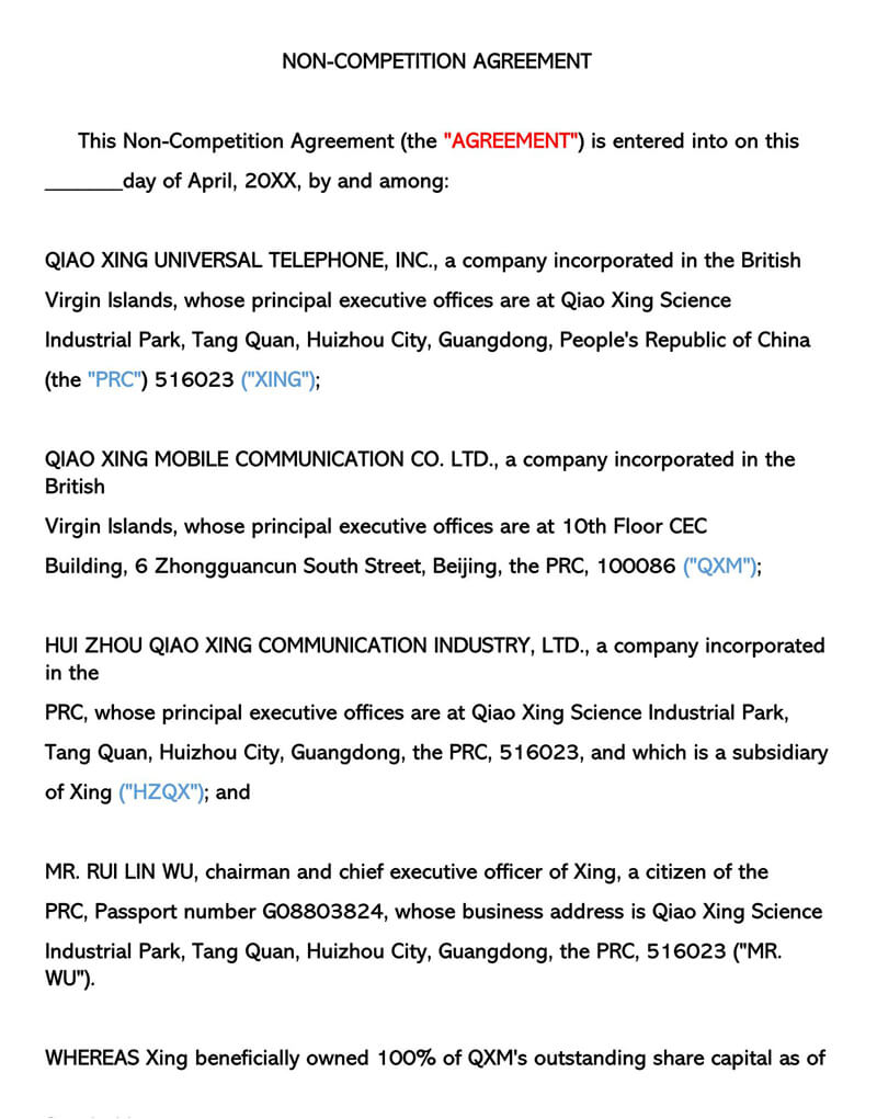 Word Sample Non-Compete Agreement Template