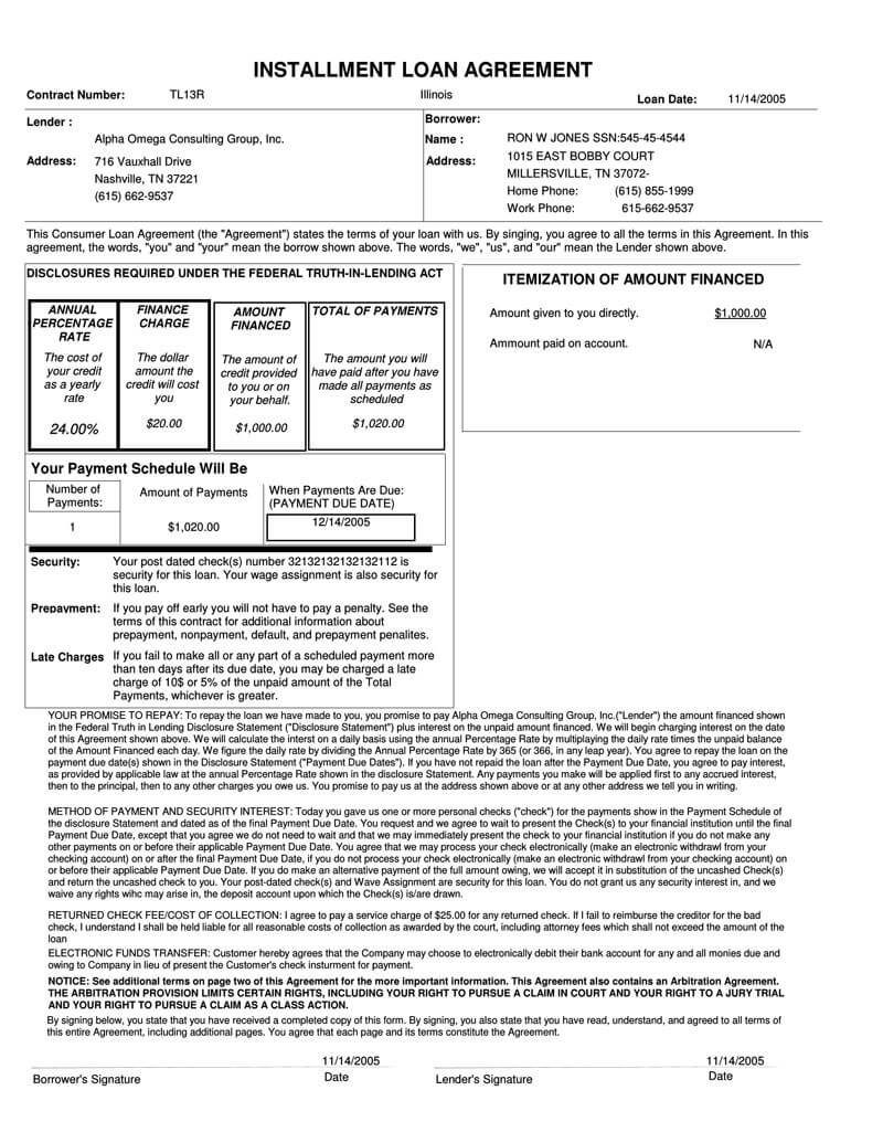 Loan Installment Agreement Template