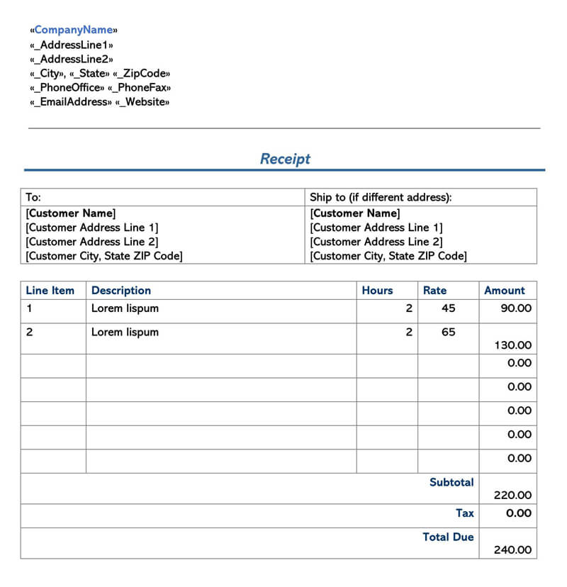 Sample Receipt Template Word