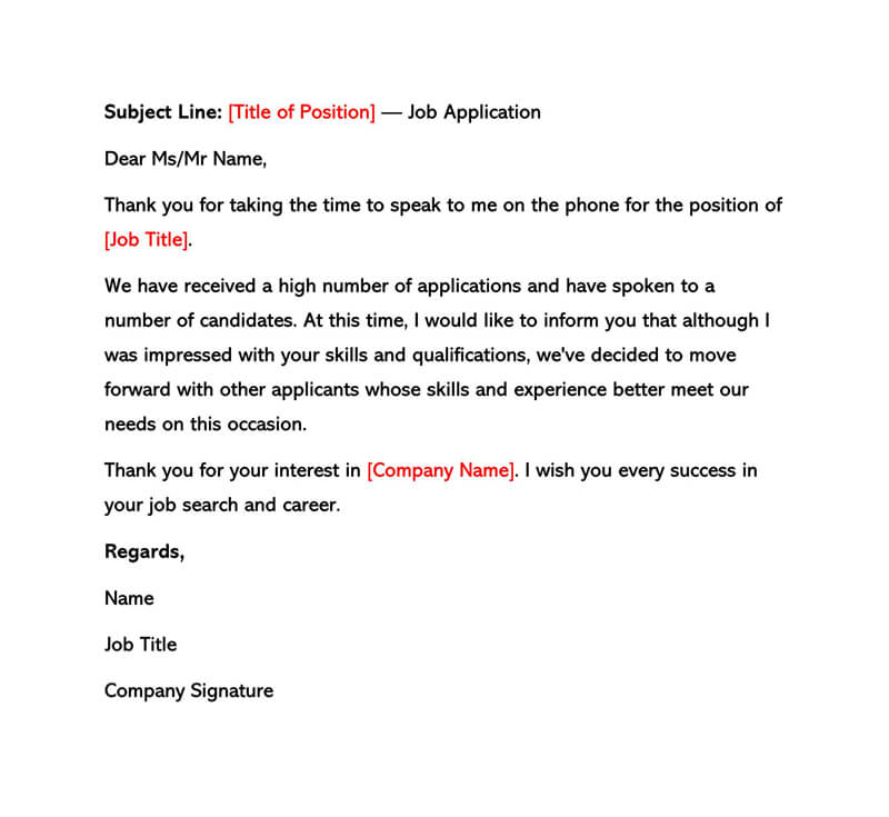 Sample Rejection Letter After Phone Interview