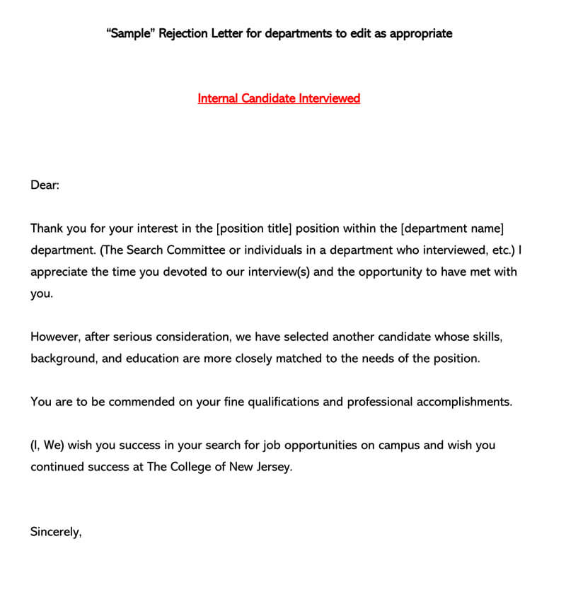 Sample Rejection Letter for departments 
