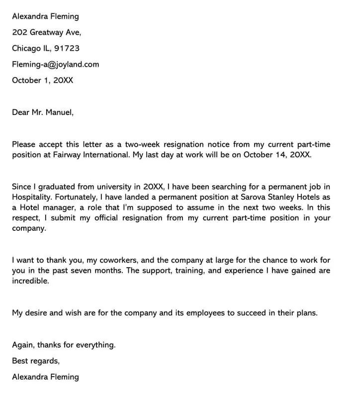 Sample Resignation Letter From Part Time Job