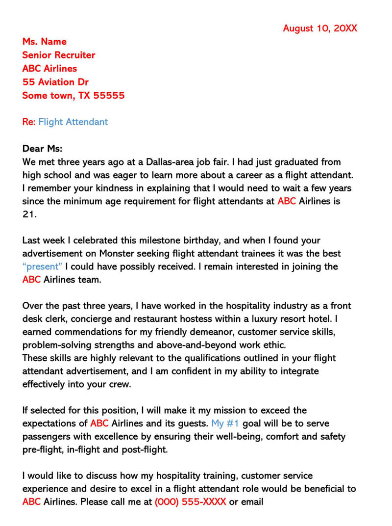 Free Flight Attendant Cover Letter Sample 17 for Word