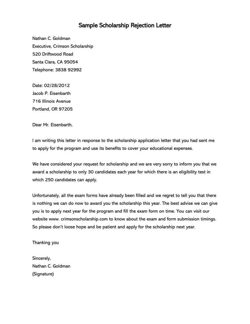 Scholarship rejection letter example template