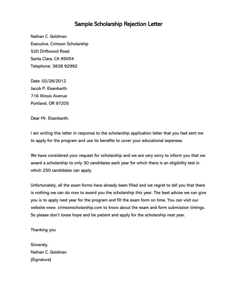 Free Downloadable Crimson Scholarship Rejection Letter Sample for Word Format