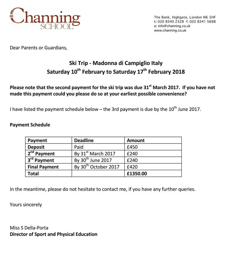 Great Downloadable Sky Trip School Payment Reminder Letter Sample for Pdf File