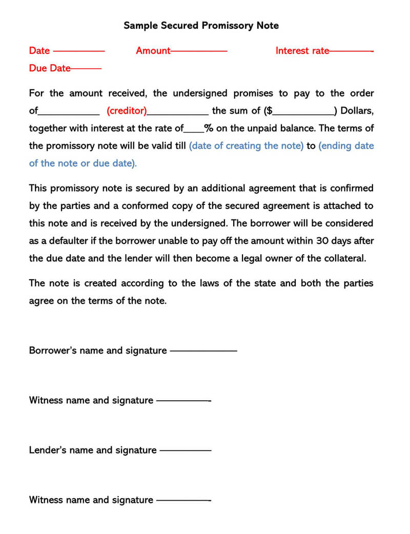 Printable Secured Promissory Note Template