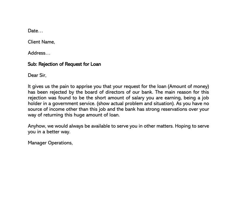 Sample letter Rejection of Request for Loan