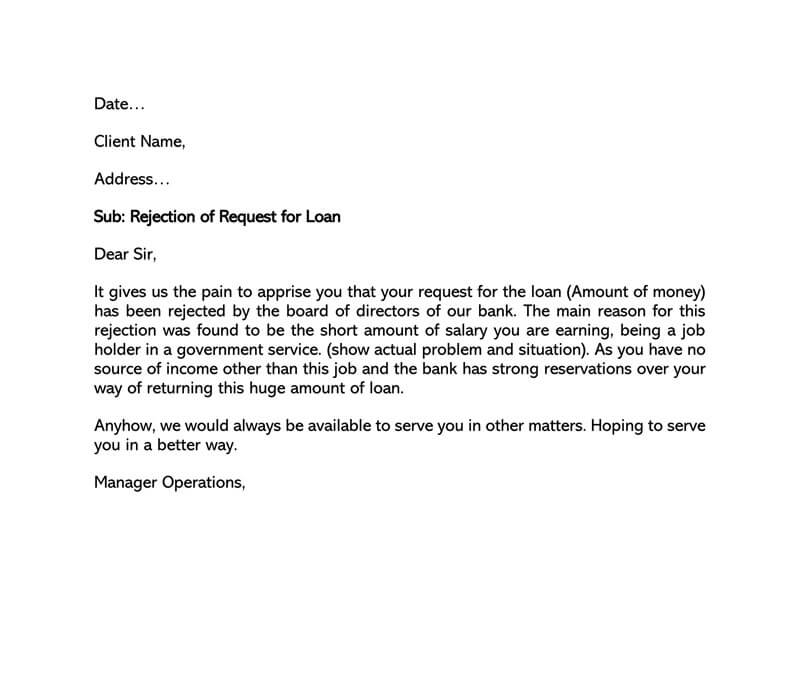 Great Professional Government Servant Loan Application Rejection Letter Sample for Word Format