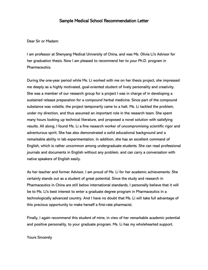 Printable High School Recommendation Letter Example 03 for Word and Pdf File