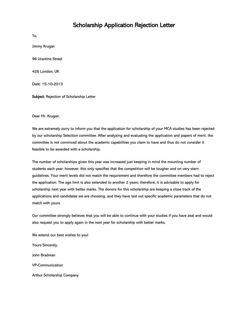 Scholarship rejection letter template free