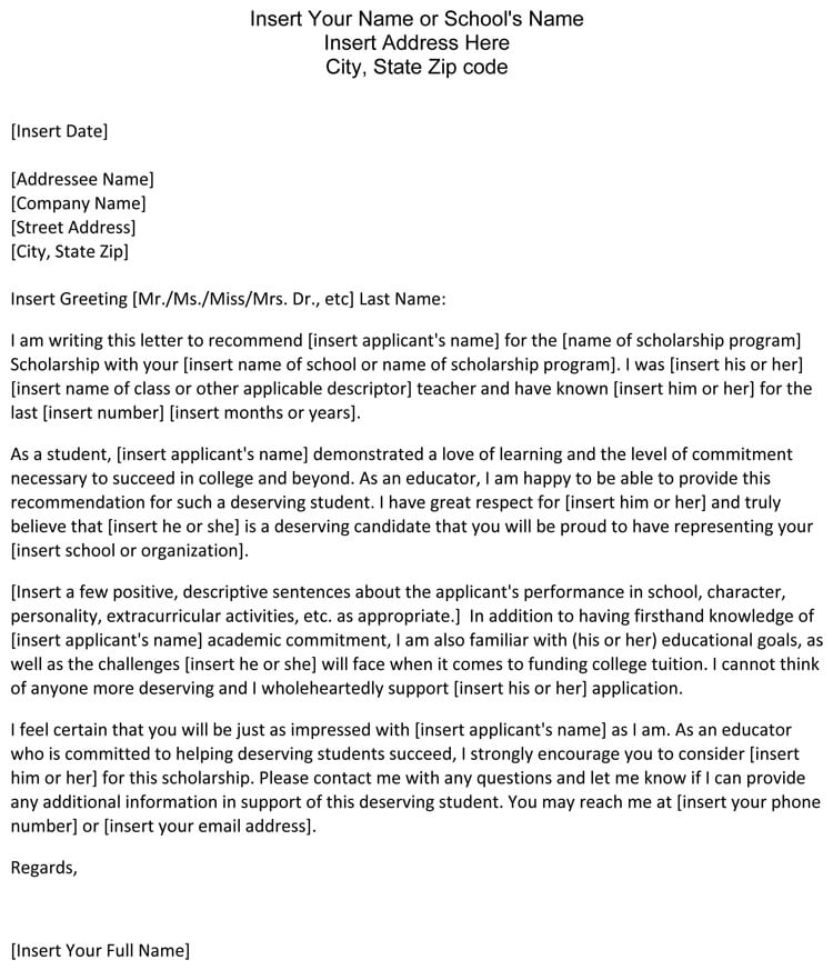 Letter Of Recommendation Sample For Scholarship from www.wordtemplatesonline.net