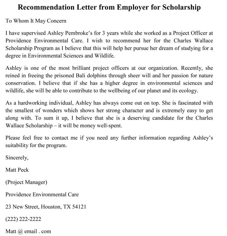 Free Editable Project Officer Scholarship Recommendation Letter Sample for Word Document