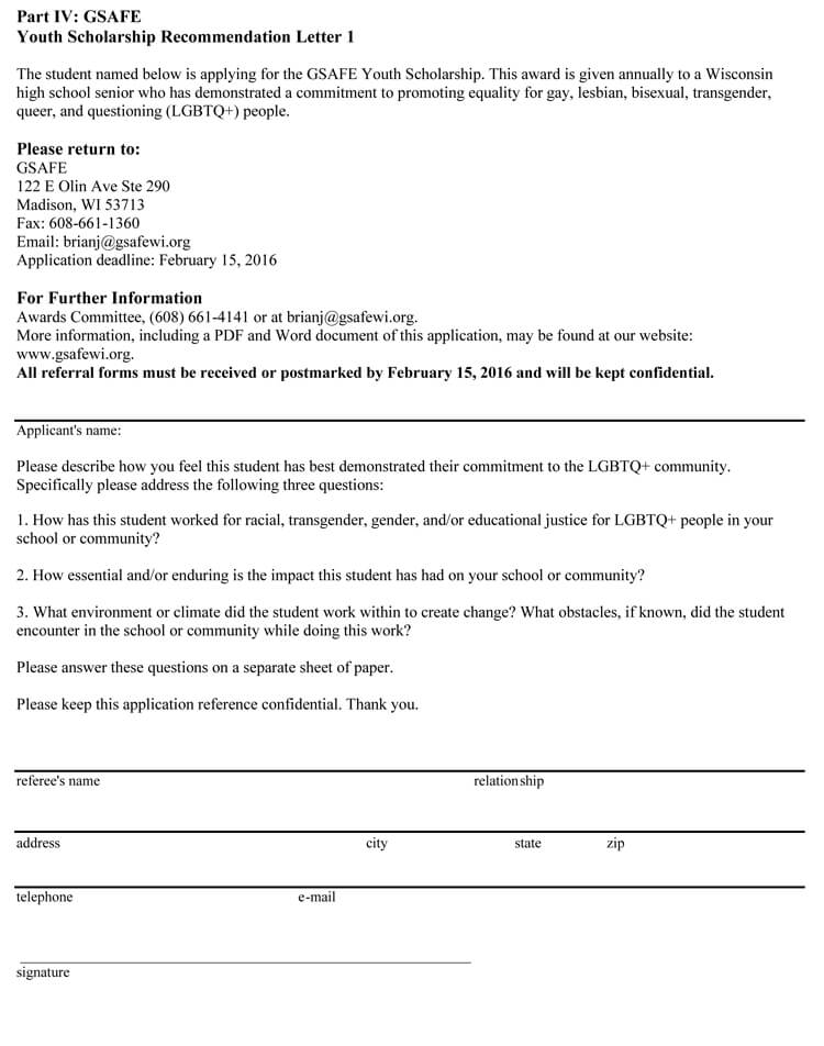 scholarship letter of recommendation template