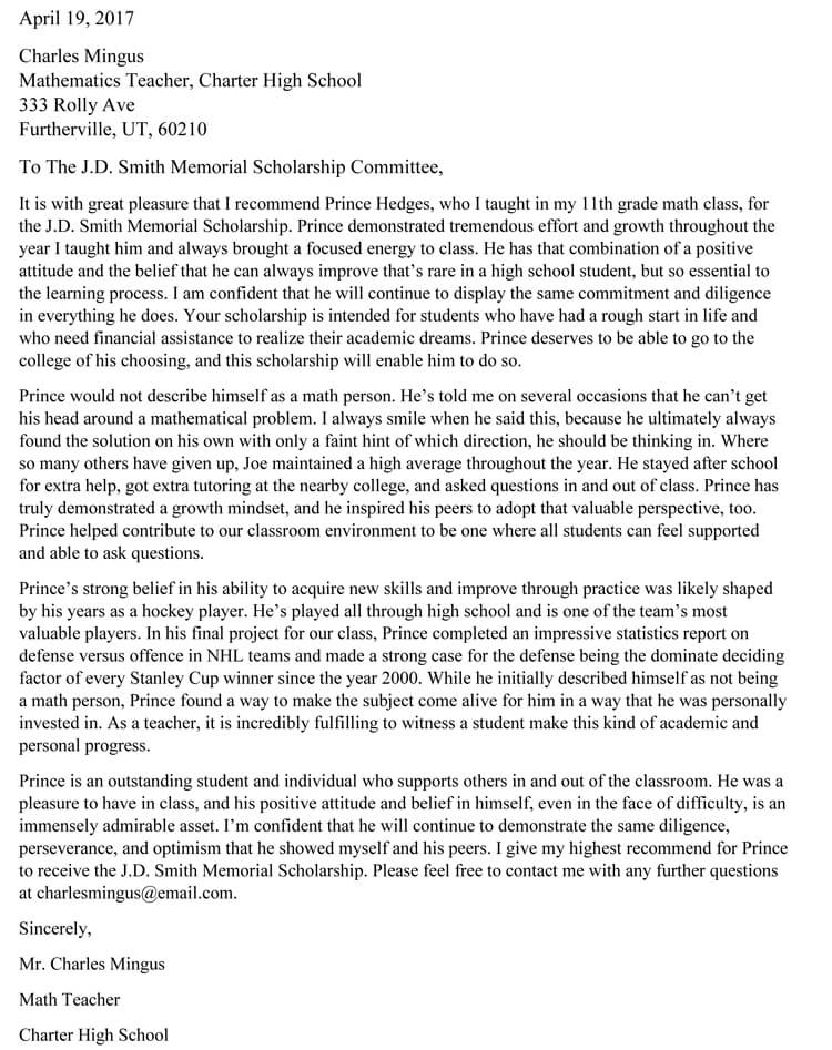 Sample College Scholarship Recommendation Letter from www.wordtemplatesonline.net