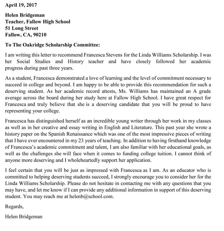 Sample Letter Of Recommendation For Scholarship From Teacher from www.wordtemplatesonline.net