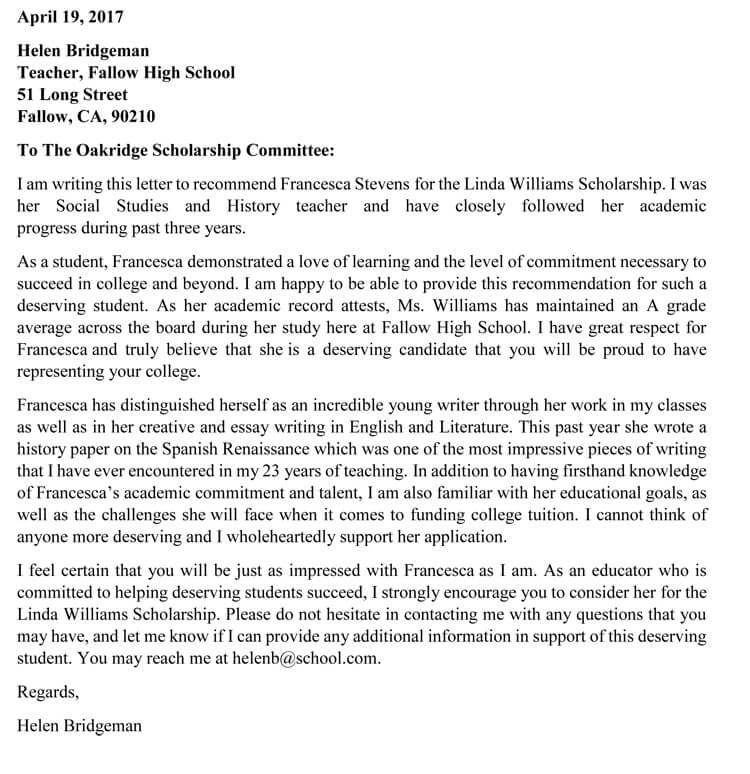 Letter Of Recommendation Sample For Scholarship from www.wordtemplatesonline.net