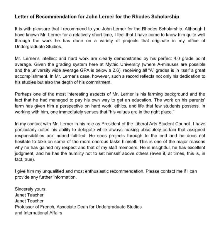 Free Printable Rhodes Scholarship Recommendation Letter Sample as Word Format