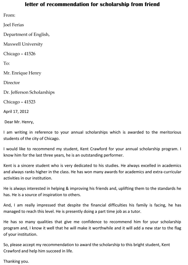 letter of recommendation for college student