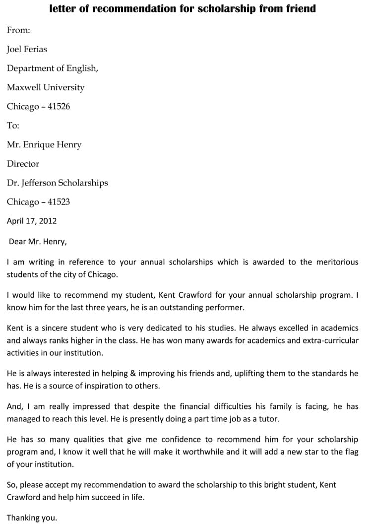 Free Printable City of Chicago Scholarship Recommendation Letter Sample as Word Format