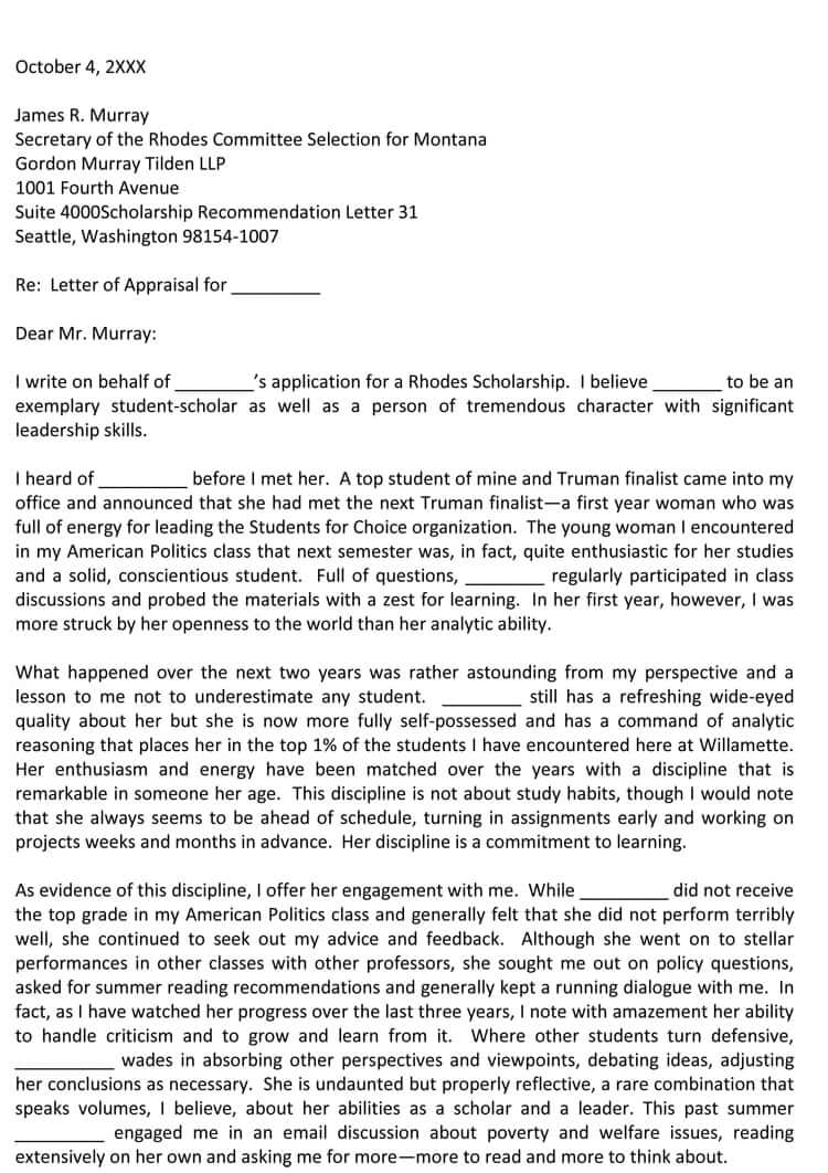 Free Customizable Rhodes Scholarship Recommendation Letter Template for Word Document