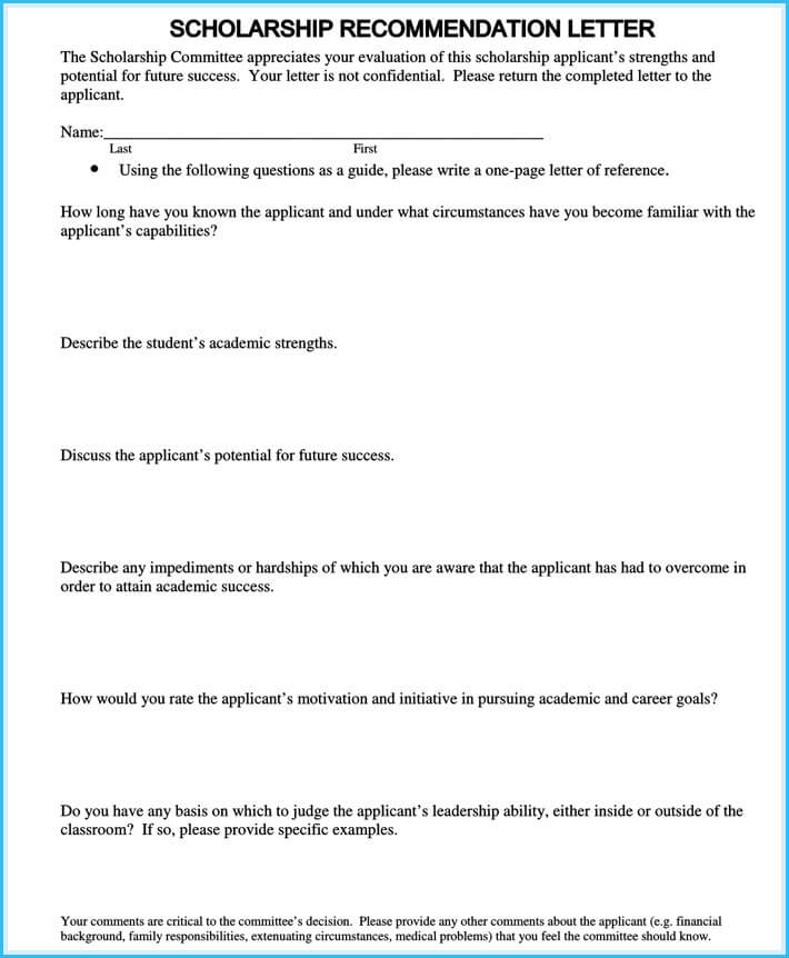 Recommendation Letter for Scholarship Free Templates