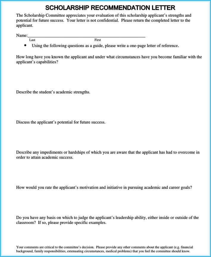 Letter Of Recommendation For A Student Scholarship from www.wordtemplatesonline.net