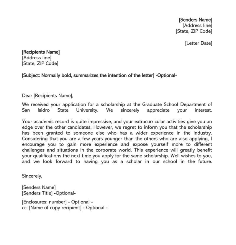 Free Downloadable Graduate School Scholarship Rejection Letter Sample for Word Format