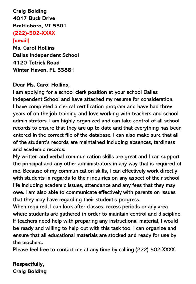 School Clerk Cover Letter