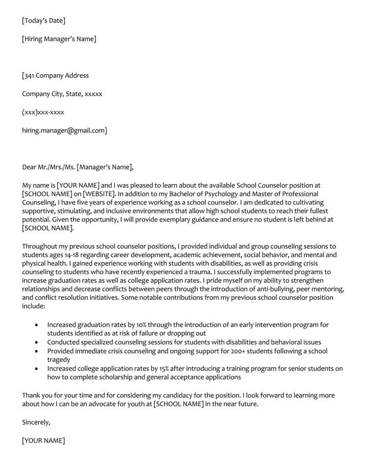 Printable School Counselor Cover Letter Sample