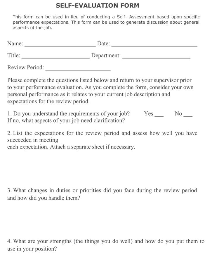 Free Editable Performance Expectation Self Evaluation Form for Word File