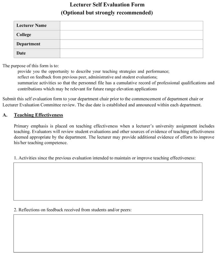 Editable Self Assessment Form for Self-Reflection 32