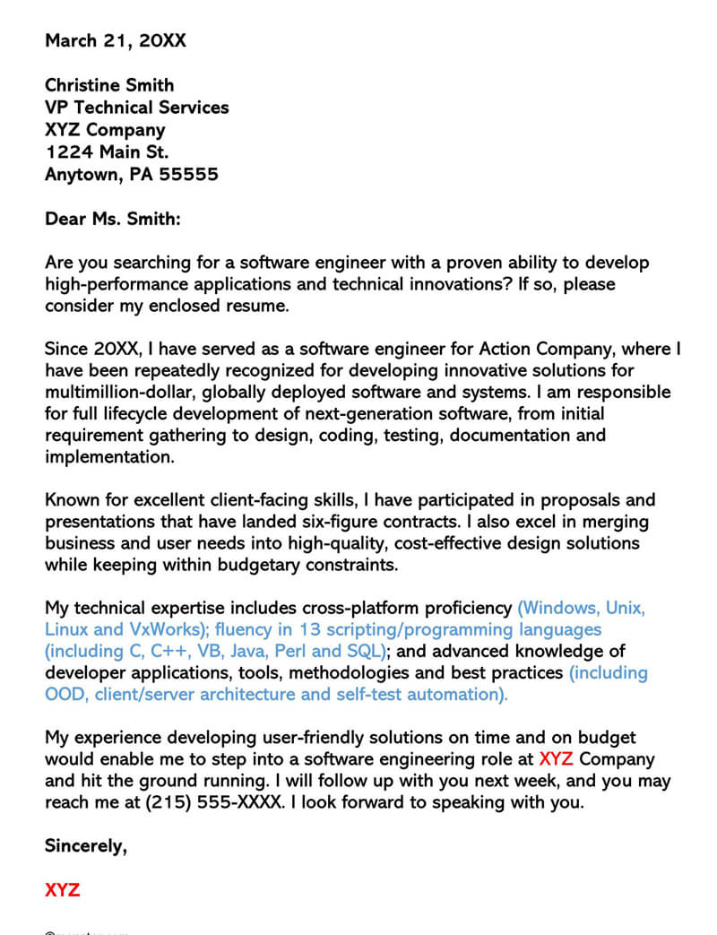 Cover Letter Sample For Software Engineer Experienced | HQ ...