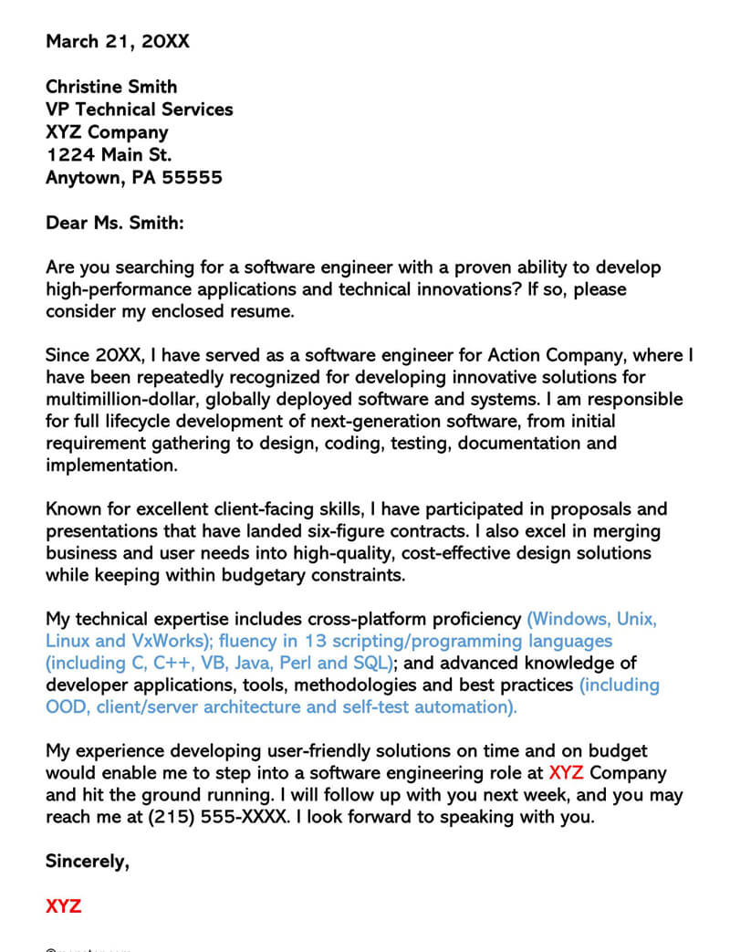 sample cover letter for application developer