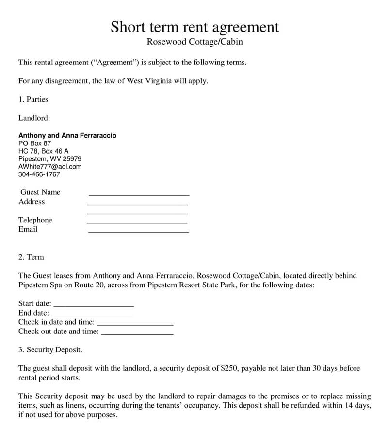 Free Short Term Vacation Rental Agreement Template Printable Templates