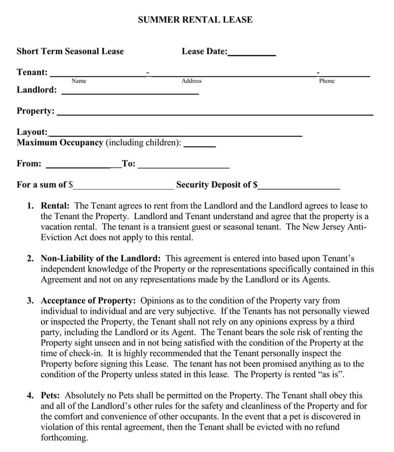 Editable Short-Term Summer Rental Lease Agreement Example