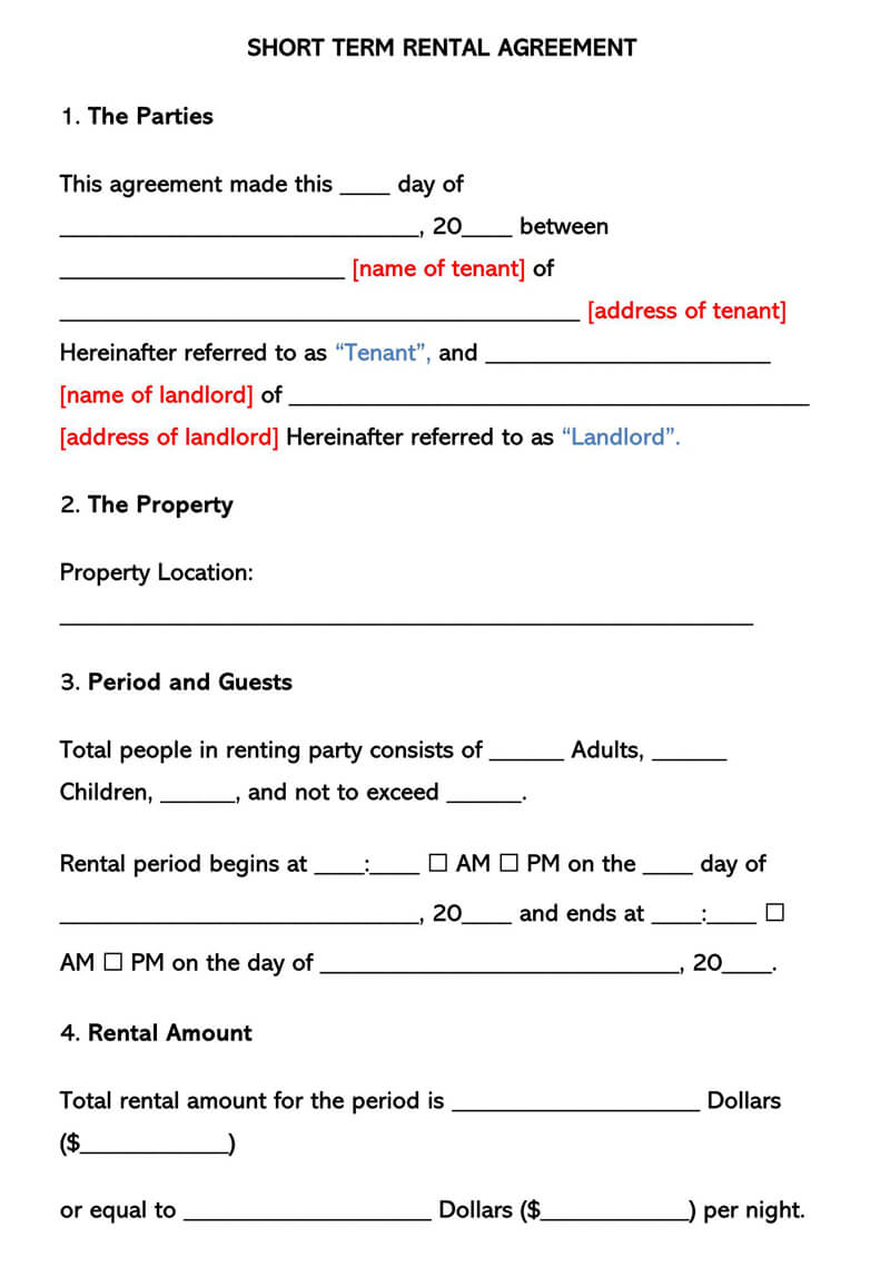 Short Term Vacation Lease Agreement