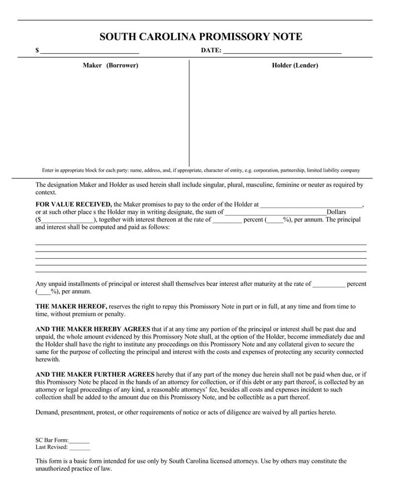 Free printable South Carolina promissory note form