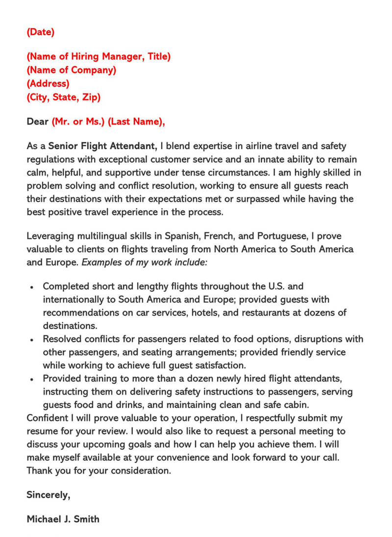 Free Flight Attendant Cover Letter for Southwest Airlines for Word