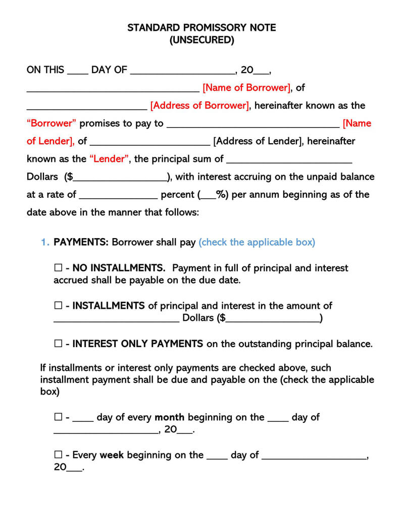 Editable promissory note form template