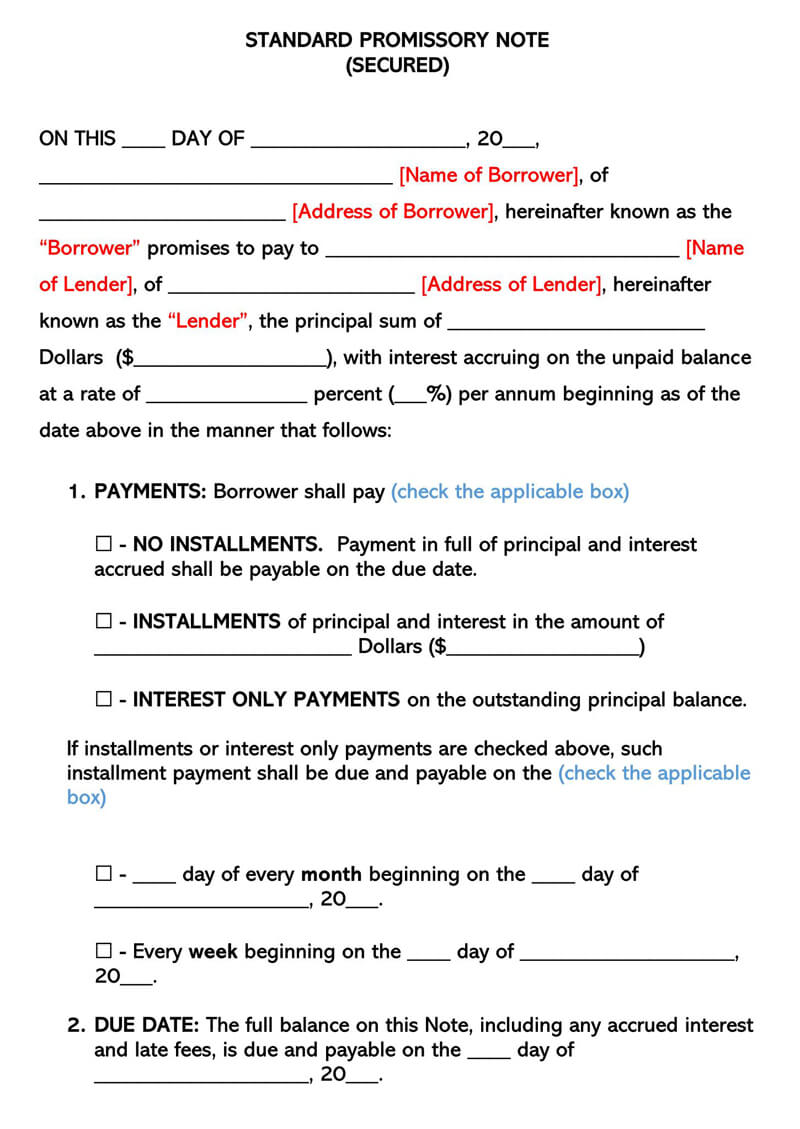 Standard Secured Promissory Note Template