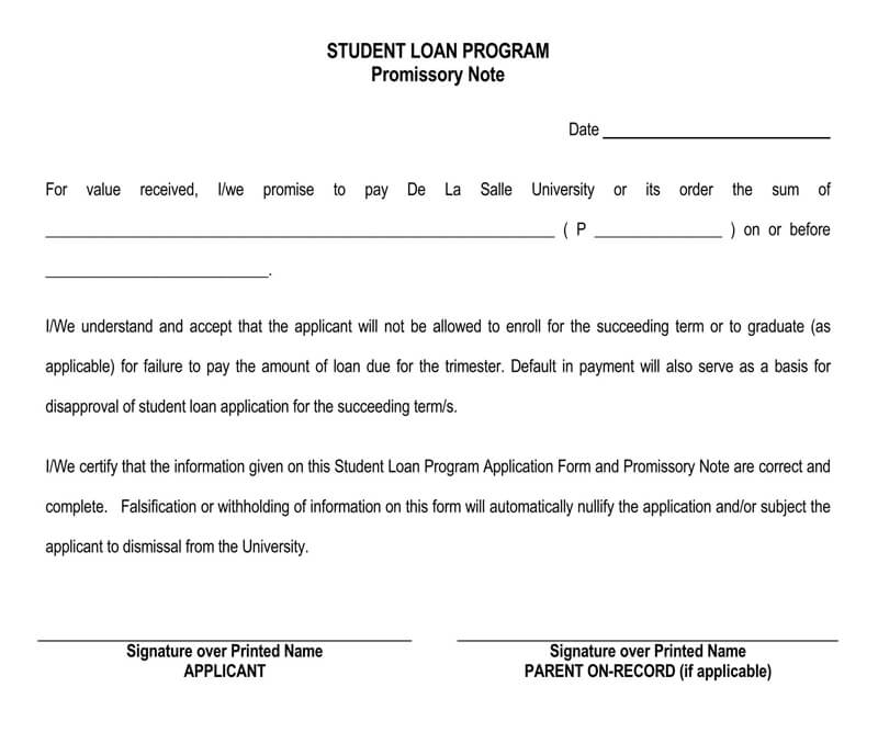Free editable student loan program promissory note template