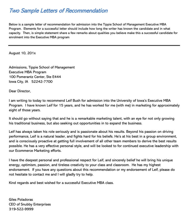 Free Printable Student Recommendation Letter for MBA Program Sample 01 in Word Format
