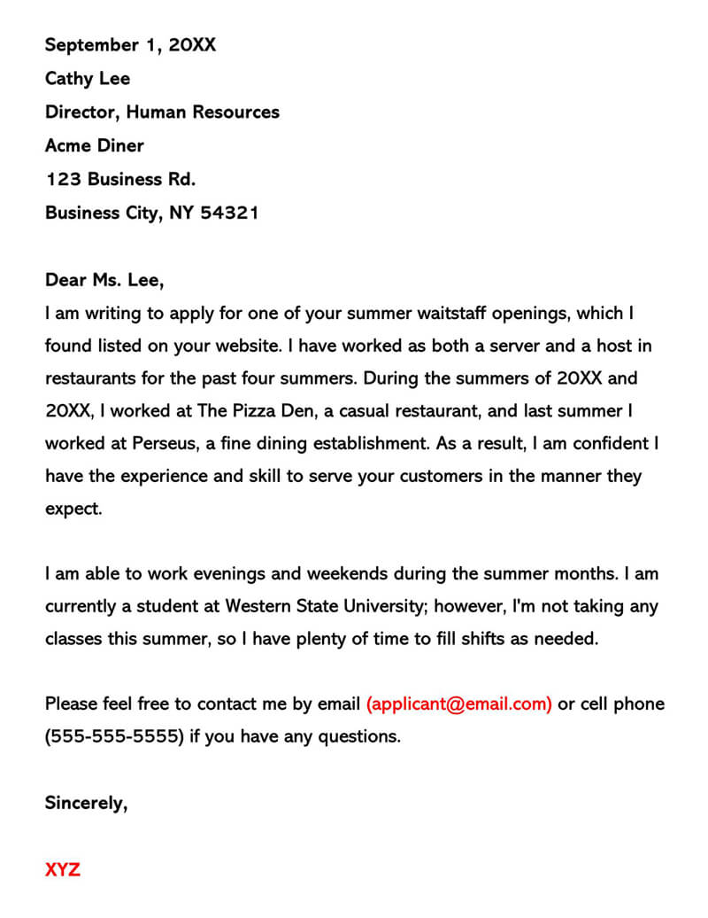 Winning summer job cover letter example and template